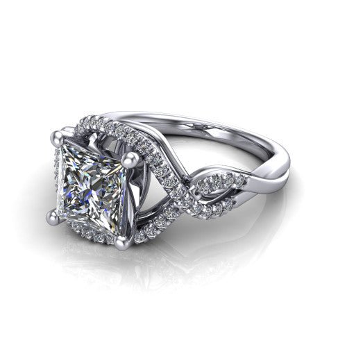 River princess halo engagement ring in 14K White Gold, three-quarter perspective showing the brilliant princess-cut center diamond inside a pave halo on a twisted criss-cross pave split shank