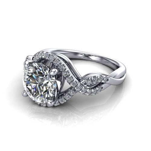 River round halo engagement ring in 18K White Gold, three-quarter perspective showing the brilliant round center diamond inside a pave halo on a twisted criss-cross pave split shank