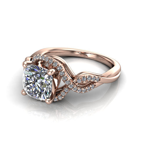 River cushion halo engagement ring in 18K Rose Gold, three-quarter perspective showing the brilliant cushion-cut center diamond inside a pave halo on a twisted criss-cross pave split shank