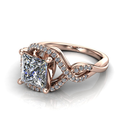 River princess halo engagement ring in 18K Rose Gold, three-quarter perspective showing the brilliant princess-cut center diamond inside a pave halo on a twisted criss-cross pave split shank