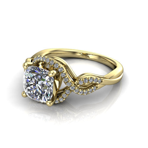 River cushion halo engagement ring in 14K Yellow Gold, three-quarter perspective showing the brilliant cushion-cut center diamond inside a pave halo on a twisted criss-cross pave split shank