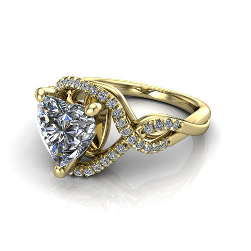 River heart halo engagement ring in 18K Yellow Gold, three-quarter perspective showing the brilliant heart-shaped center diamond inside a pave halo on a twisted criss-cross pave split shank