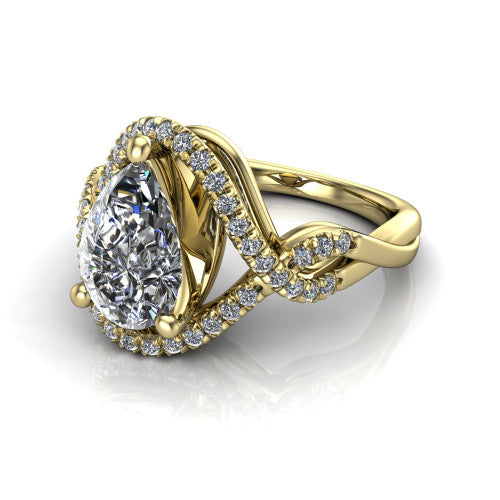 River pear halo engagement ring in 14K Yellow Gold, three-quarter perspective showing the brilliant pear-cut center diamond inside a pave halo on a twisted criss-cross pave split shank