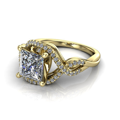 River princess halo engagement ring in 14K Yellow Gold, three-quarter perspective showing the brilliant princess-cut center diamond inside a pave halo on a twisted criss-cross pave split shank