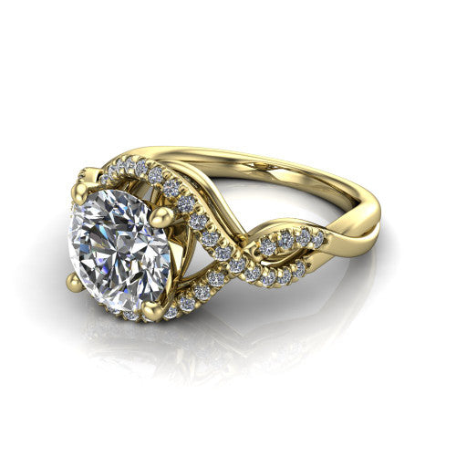 River round halo engagement ring in 18K Yellow Gold, three-quarter perspective showing the brilliant round center diamond inside a pave halo on a twisted criss-cross pave split shank