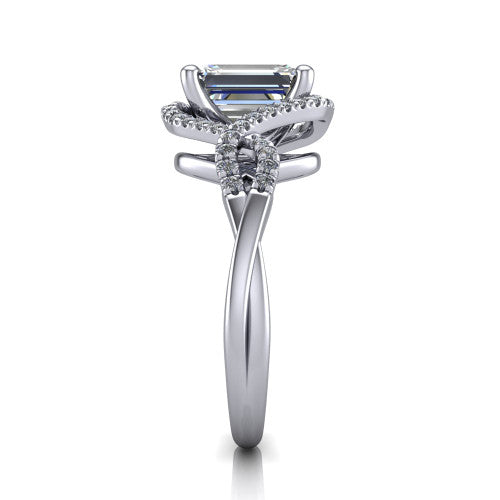River emerald halo engagement ring in 18K White Gold, side profile showing the twisted criss-cross pave split shank braiding beneath the halo