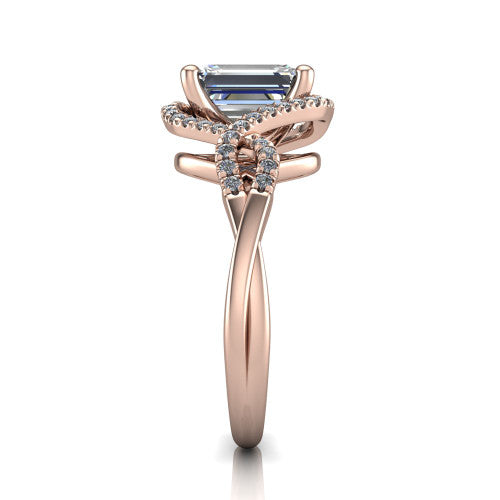 River emerald halo engagement ring in 18K Rose Gold, side profile showing the twisted criss-cross pave split shank braiding beneath the halo