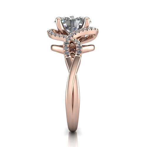 River oval halo engagement ring in 14K Rose Gold, side profile showing the twisted criss-cross pave split shank braiding beneath the halo