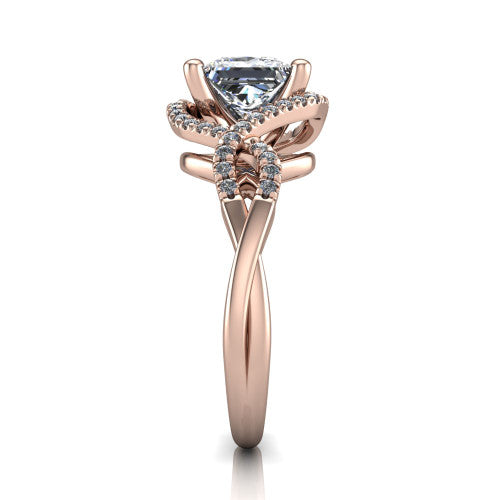 River princess halo engagement ring in 18K Rose Gold, side profile showing the twisted criss-cross pave split shank braiding beneath the halo
