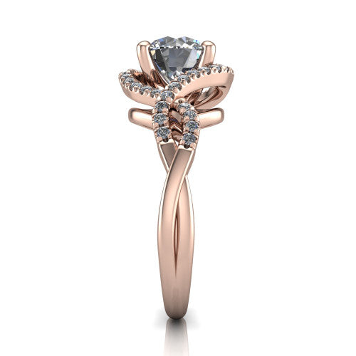 River round halo engagement ring in 18K Rose Gold, side profile showing the twisted criss-cross pave split shank braiding beneath the halo