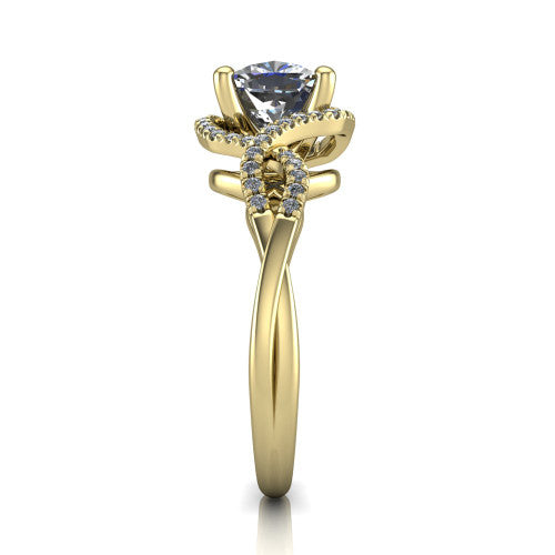River cushion halo engagement ring in 18K Yellow Gold, side profile showing the twisted criss-cross pave split shank braiding beneath the halo