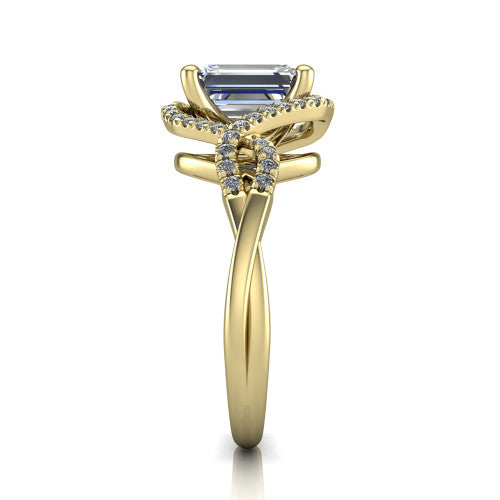 River emerald halo engagement ring in 18K Yellow Gold, side profile showing the twisted criss-cross pave split shank braiding beneath the halo