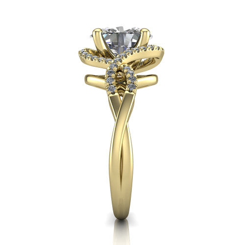 River oval halo engagement ring in 14K Yellow Gold, side profile showing the twisted criss-cross pave split shank braiding beneath the halo