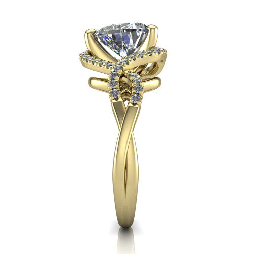 River heart halo engagement ring in 14K Yellow Gold, side profile showing the twisted criss-cross pave split shank braiding beneath the halo