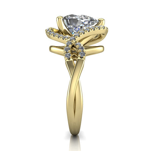 River pear halo engagement ring in 18K Yellow Gold, side profile showing the twisted criss-cross pave split shank braiding beneath the halo