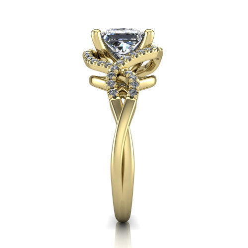 River princess halo engagement ring in 18K Yellow Gold, side profile showing the twisted criss-cross pave split shank braiding beneath the halo