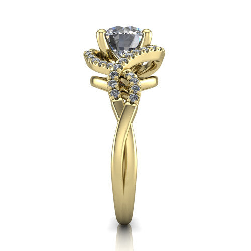 River round halo engagement ring in 18K Yellow Gold, side profile showing the twisted criss-cross pave split shank braiding beneath the halo
