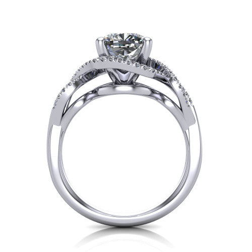 River cushion halo engagement ring in 14K White Gold, through-finger front profile showing the halo head and twisted split shank weave