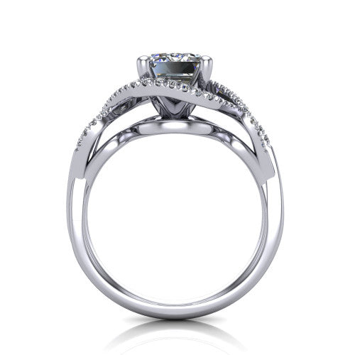 River emerald halo engagement ring in 14K White Gold, through-finger front profile showing the halo head and twisted split shank weave