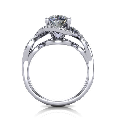 River oval halo engagement ring in Platinum, through-finger front profile showing the halo head and twisted split shank weave