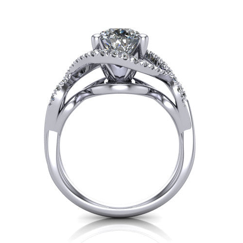 River pear halo engagement ring in Platinum, through-finger front profile showing the halo head and twisted split shank weave