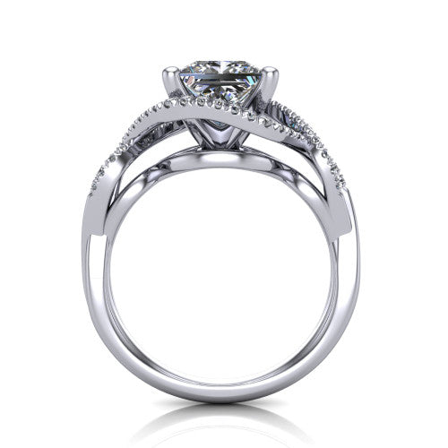 River princess halo engagement ring in Platinum, through-finger front profile showing the halo head and twisted split shank weave