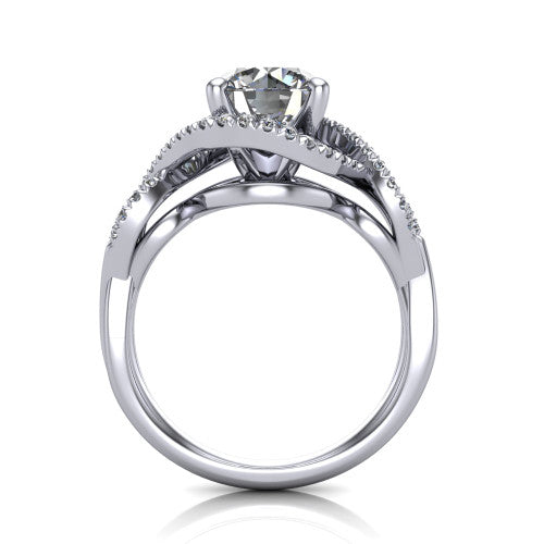 River round halo engagement ring in 14K White Gold, through-finger front profile showing the halo head and twisted split shank weave