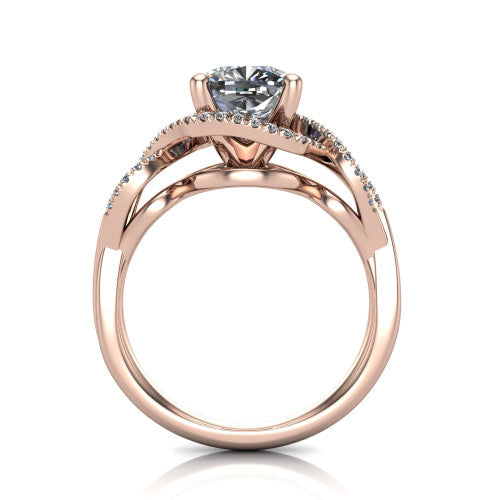 River cushion halo engagement ring in 18K Rose Gold, through-finger front profile showing the halo head and twisted split shank weave