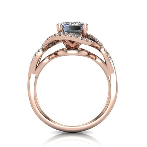 River emerald halo engagement ring in 18K Rose Gold, through-finger front profile showing the halo head and twisted split shank weave