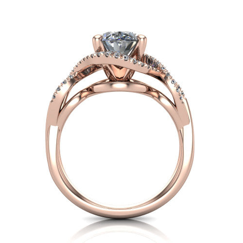 River oval halo engagement ring in 18K Rose Gold, through-finger front profile showing the halo head and twisted split shank weave
