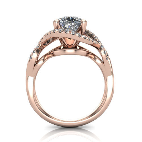 River pear halo engagement ring in 14K Rose Gold, through-finger front profile showing the halo head and twisted split shank weave