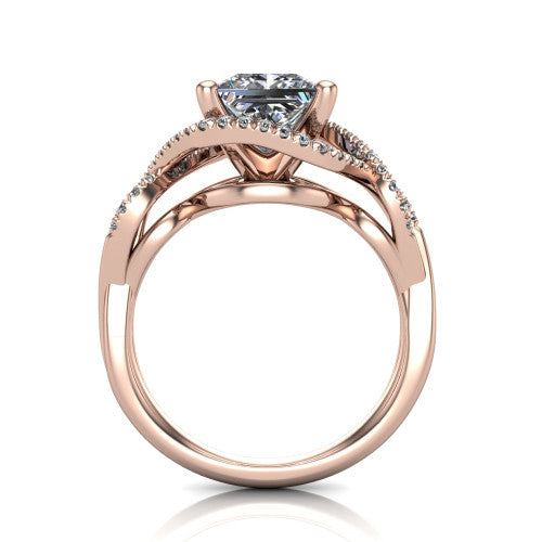River princess halo engagement ring in 18K Rose Gold, through-finger front profile showing the halo head and twisted split shank weave