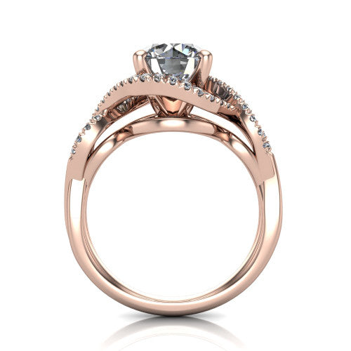 River round halo engagement ring in 18K Rose Gold, through-finger front profile showing the halo head and twisted split shank weave