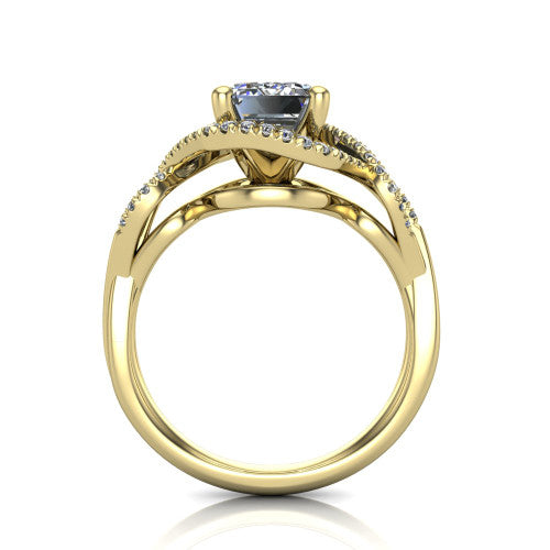 River emerald halo engagement ring in 18K Yellow Gold, through-finger front profile showing the halo head and twisted split shank weave