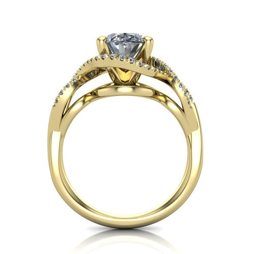 River oval halo engagement ring in 18K Yellow Gold, through-finger front profile showing the halo head and twisted split shank weave