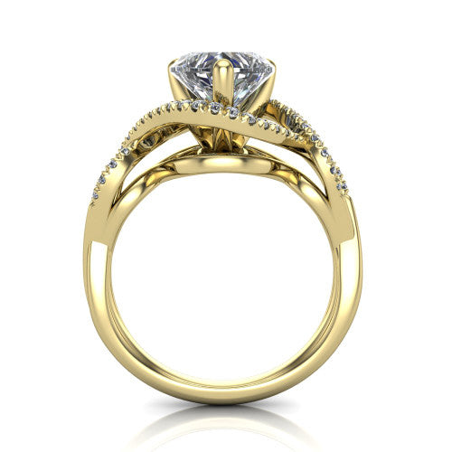 River heart halo engagement ring in 14K Yellow Gold, through-finger front profile showing the halo head and twisted split shank weave