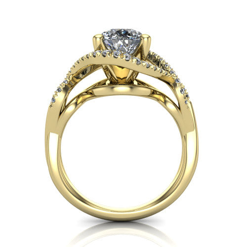 River pear halo engagement ring in 18K Yellow Gold, through-finger front profile showing the halo head and twisted split shank weave