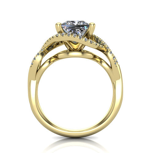River princess halo engagement ring in 18K Yellow Gold, through-finger front profile showing the halo head and twisted split shank weave