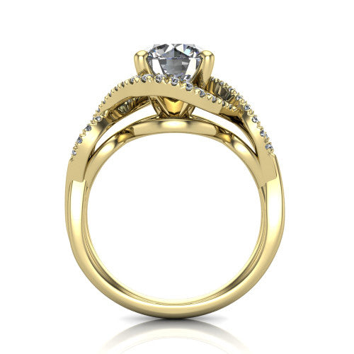 River round halo engagement ring in 18K Yellow Gold, through-finger front profile showing the halo head and twisted split shank weave