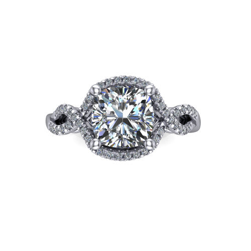 River cushion halo engagement ring in Platinum, top-down view showing the brilliant cushion-cut center diamond framed by a pave halo with woven split shank shoulders