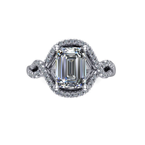 River emerald halo engagement ring in 14K White Gold, top-down view showing the step-cut emerald center diamond framed by a pave halo with woven split shank shoulders