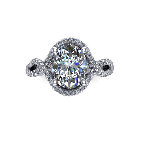 River oval halo engagement ring in 18K White Gold, top-down view showing the brilliant oval center diamond framed by a pave halo with woven split shank shoulders