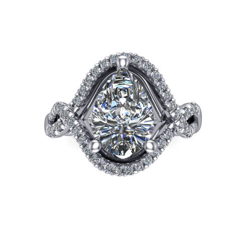 River pear halo engagement ring in 14K White Gold, top-down view showing the brilliant pear-cut center diamond framed by a pave halo with woven split shank shoulders