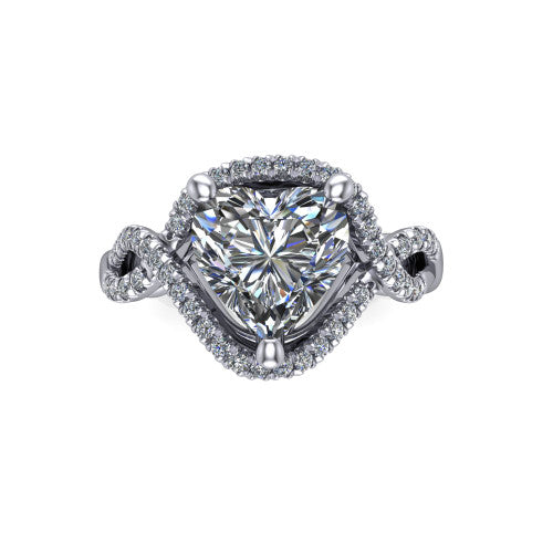 River heart halo engagement ring in 18K White Gold, top-down view showing the brilliant heart-shaped center diamond framed by a pave halo with woven split shank shoulders