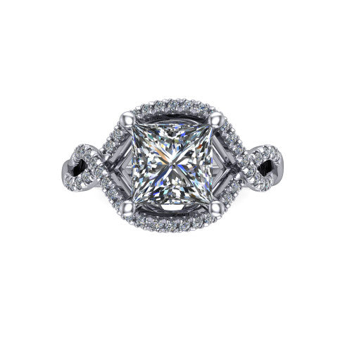 River princess halo engagement ring in Platinum, top-down view showing the brilliant princess-cut center diamond framed by a pave halo with woven split shank shoulders