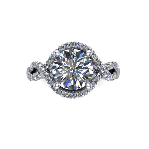 River round halo engagement ring in 14K White Gold, top-down view showing the brilliant round center diamond framed by a pave halo with woven split shank shoulders