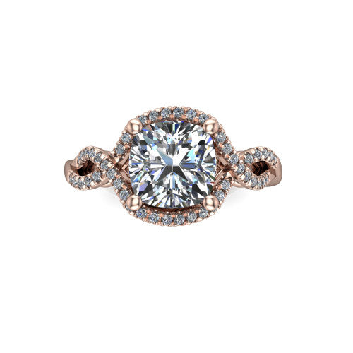 River cushion halo engagement ring in 18K Rose Gold, top-down view showing the brilliant cushion-cut center diamond framed by a pave halo with woven split shank shoulders