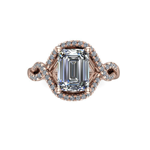 River emerald halo engagement ring in 14K Rose Gold, top-down view showing the step-cut emerald center diamond framed by a pave halo with woven split shank shoulders