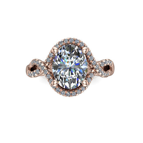 River oval halo engagement ring in 18K Rose Gold, top-down view showing the brilliant oval center diamond framed by a pave halo with woven split shank shoulders