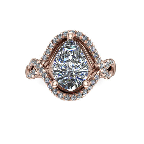 River pear halo engagement ring in 14K Rose Gold, top-down view showing the brilliant pear-cut center diamond framed by a pave halo with woven split shank shoulders